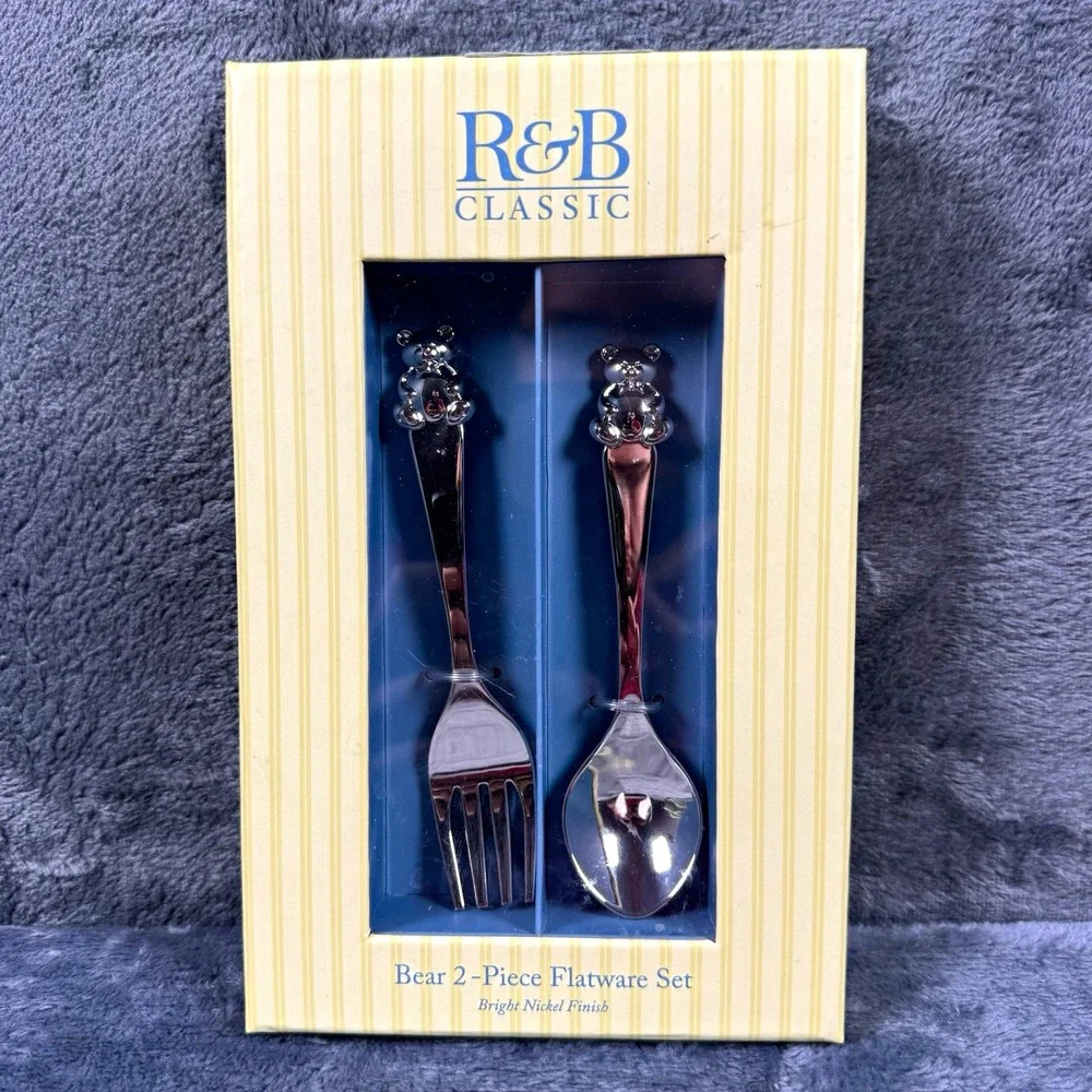 Reed & Barton Classic Bear 2pc Kids Flatware Set Fork Spoon Bright Nickel